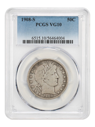 1908 50c pcgs vg10 barber - 50c,